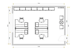 Půdorys kancelářské místnosti určený pro plánování rozmístění nábytku a pracovních míst