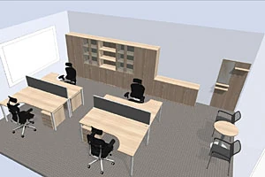 Barevná 3D vizualizace kancelářského vybavení umožňující porovnání různých variant uspořádání