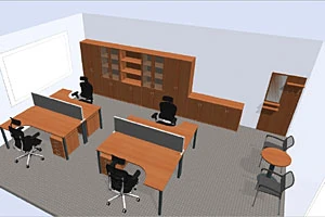 3D pohled na kancelářské vybavení zobrazující prostorové uspořádání a rozmístění pracovních míst