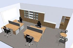 3D vizualizace kancelářského prostoru s ukázkou rozmístění pracovních míst a skříní