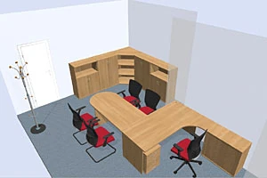 3D vizualizace kancelářského vybavení zobrazující prostorové uspořádání a návrh pracovního místa